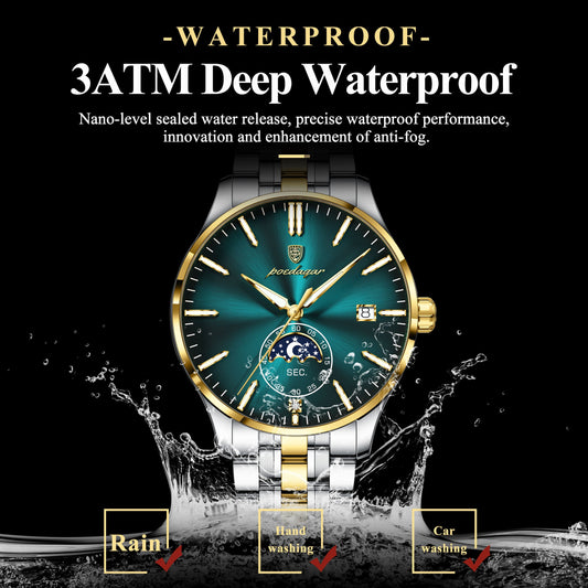 Poedagar Luxury Moon Phase Business Mens Watch