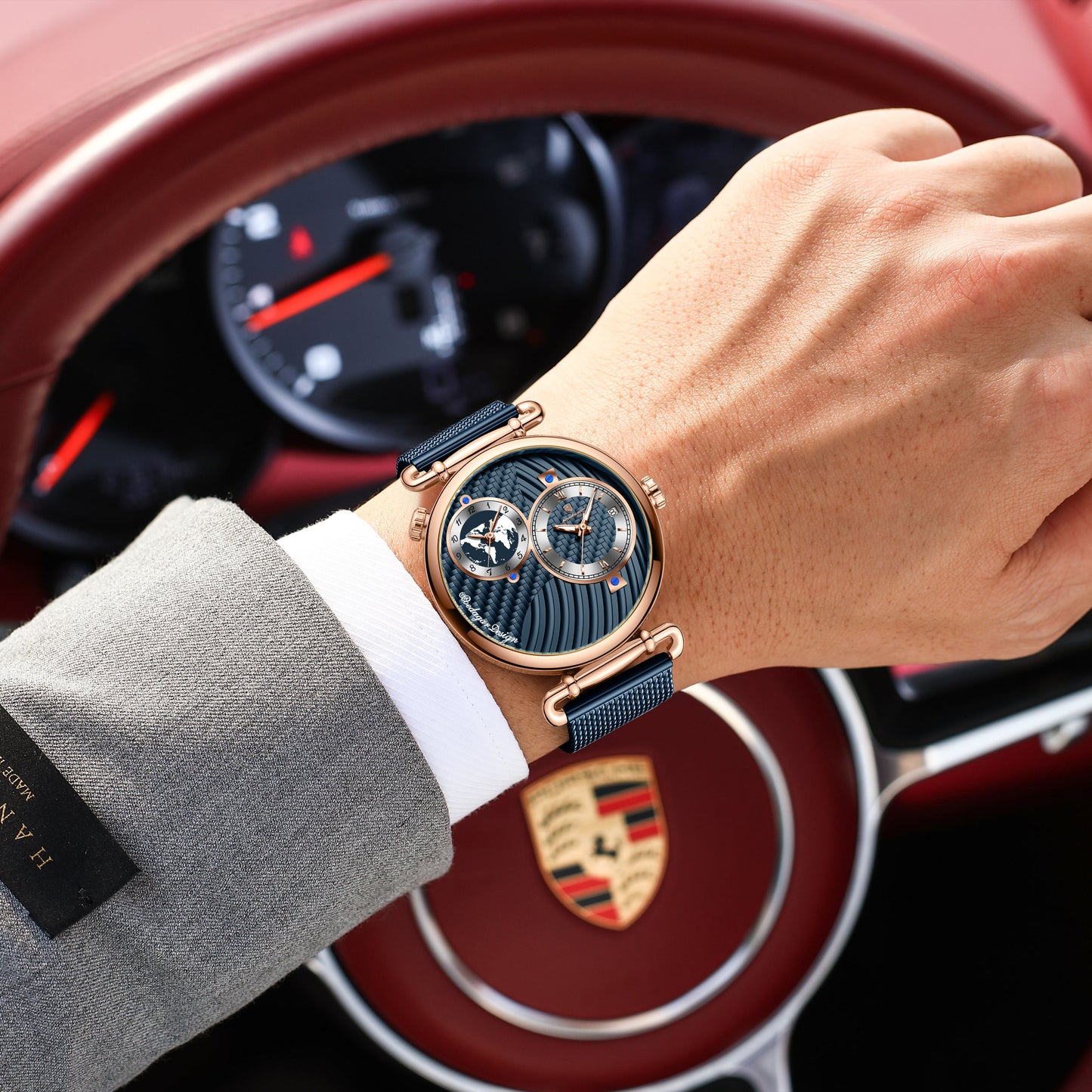 POEDAGAR Mesh Stainless Steel Strap Men Watch