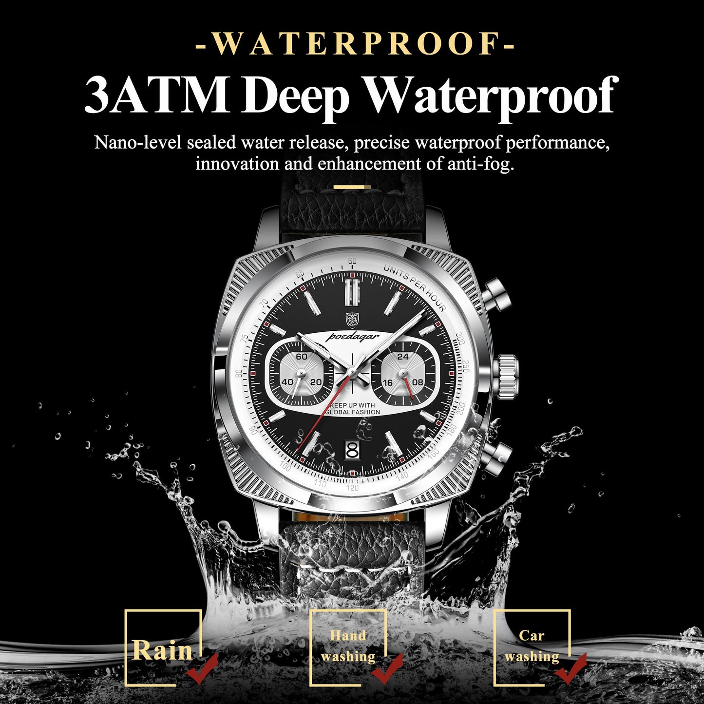 Poedagar Leather Strap Chronograph Men Watch